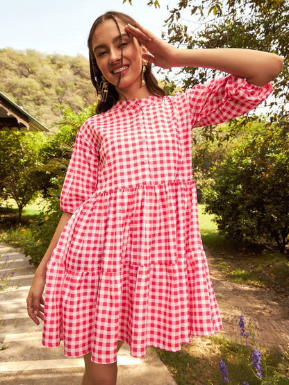 Women's Pink Check Tiered Mini Dress