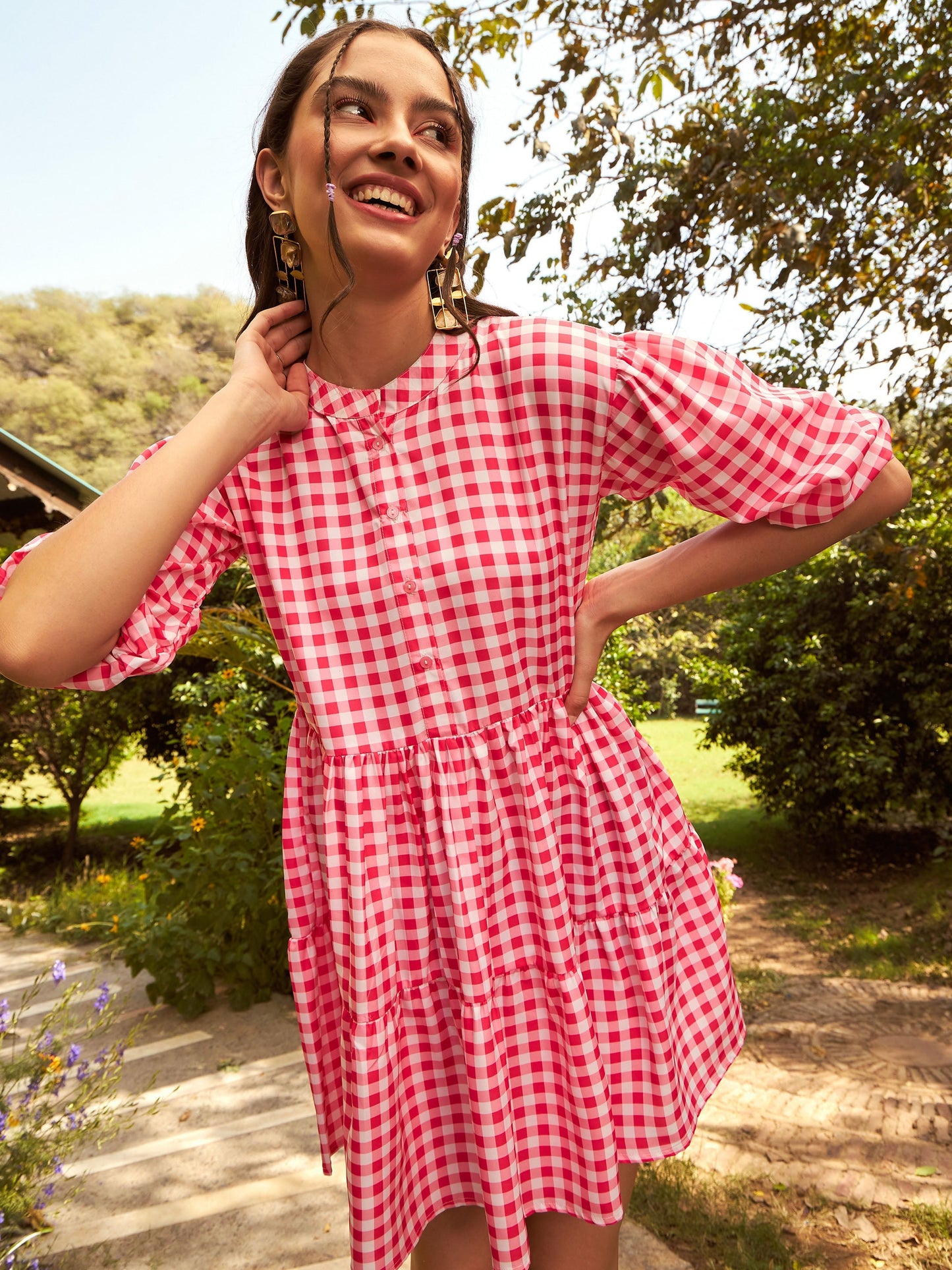 Women's Pink Check Tiered Mini Dress