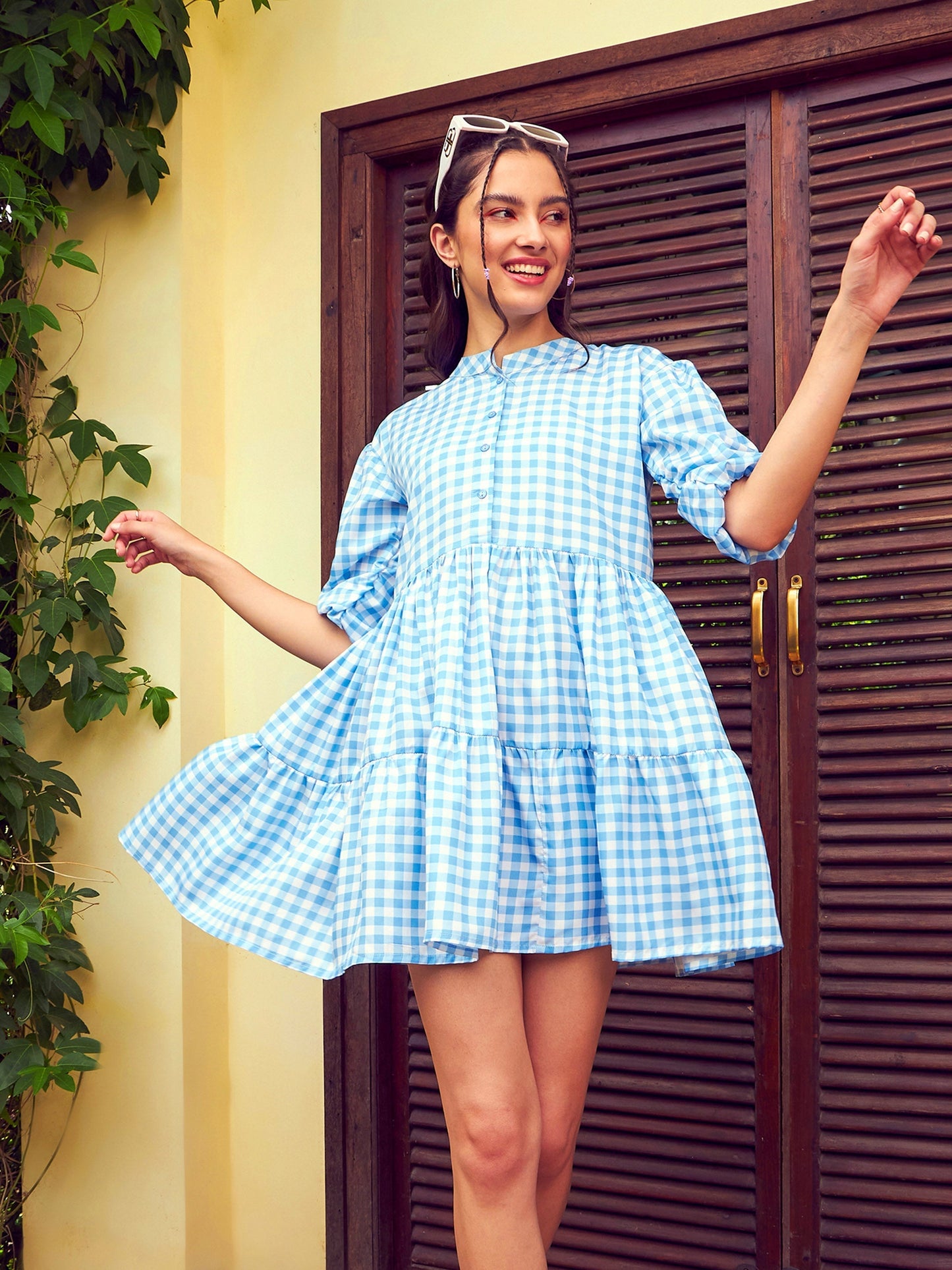 Women's Blue Check Tiered Mini Dress