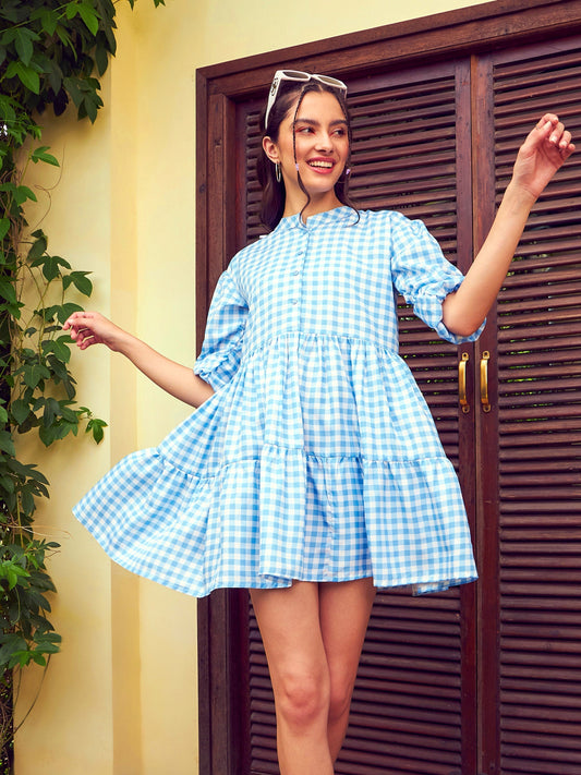 Women's Blue Check Tiered Mini Dress