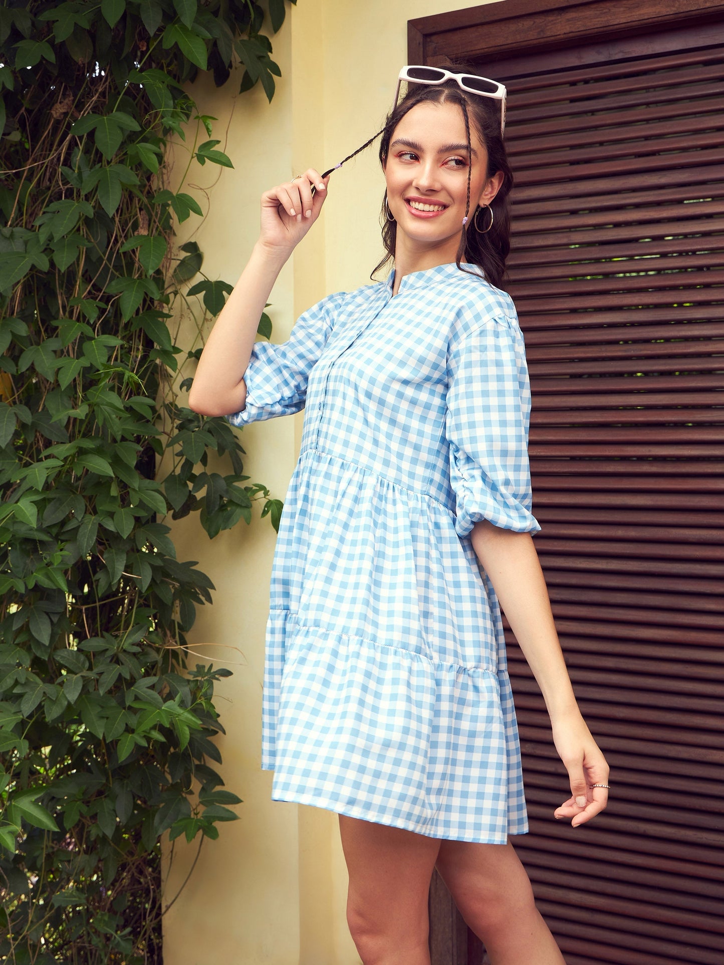 Women's Blue Check Tiered Mini Dress