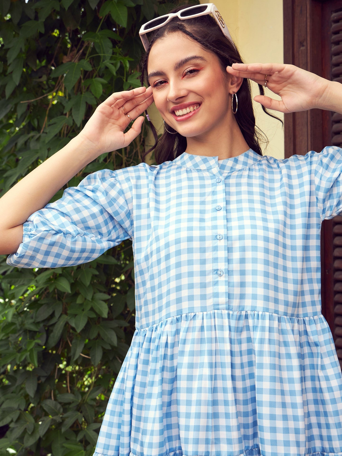 Women's Blue Check Tiered Mini Dress