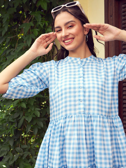 Women's Blue Check Tiered Mini Dress