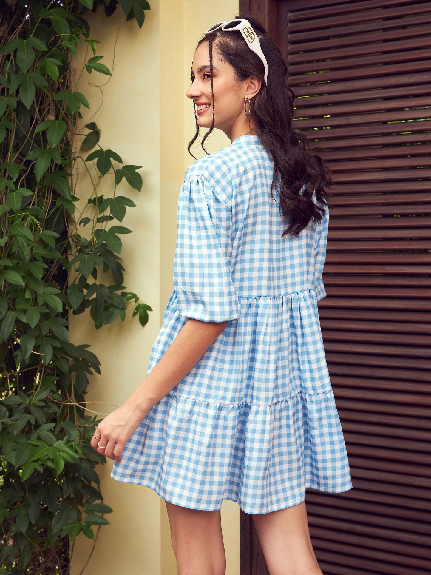 Women's Blue Check Tiered Mini Dress