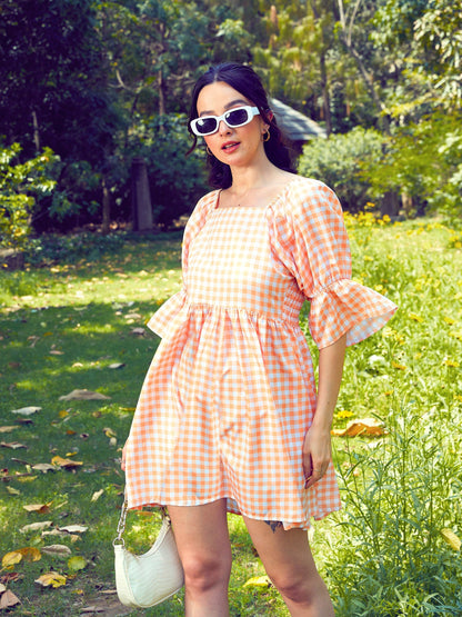 Women's Peach Check Puff Sleeves Mini Dress