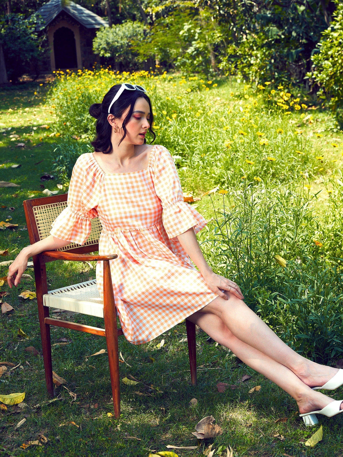 Women's Peach Check Puff Sleeves Mini Dress