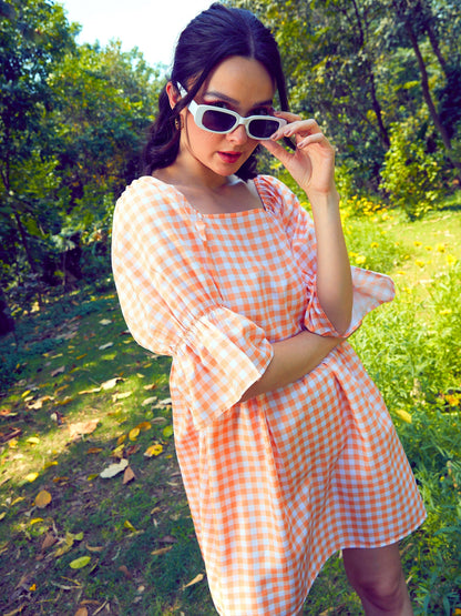 Women's Peach Check Puff Sleeves Mini Dress