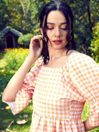 Women's Peach Check Puff Sleeves Mini Dress