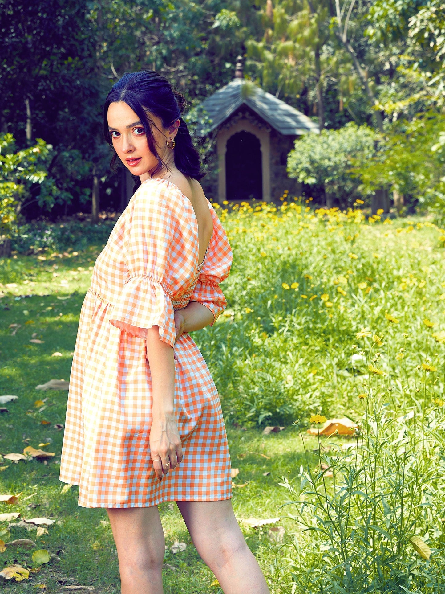 Women's Peach Check Puff Sleeves Mini Dress