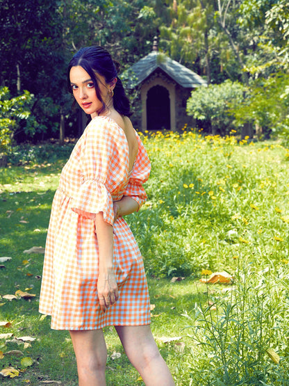 Women's Peach Check Puff Sleeves Mini Dress
