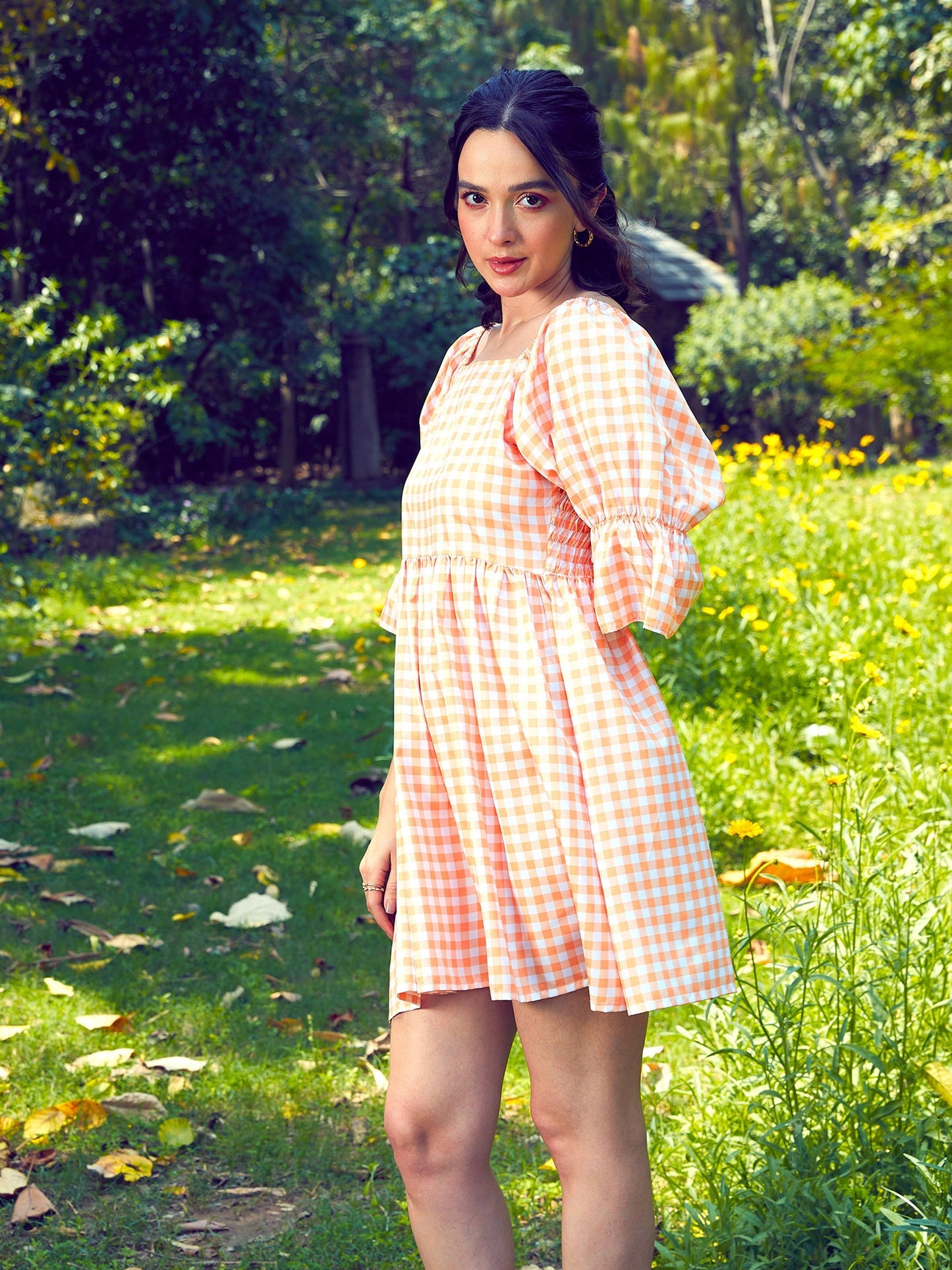 Women's Peach Check Puff Sleeves Mini Dress