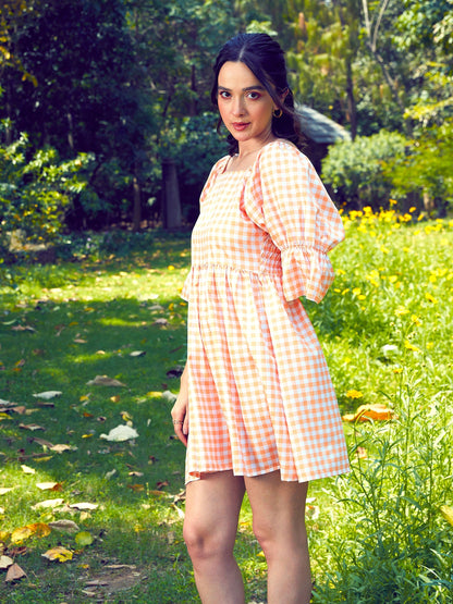 Women's Peach Check Puff Sleeves Mini Dress