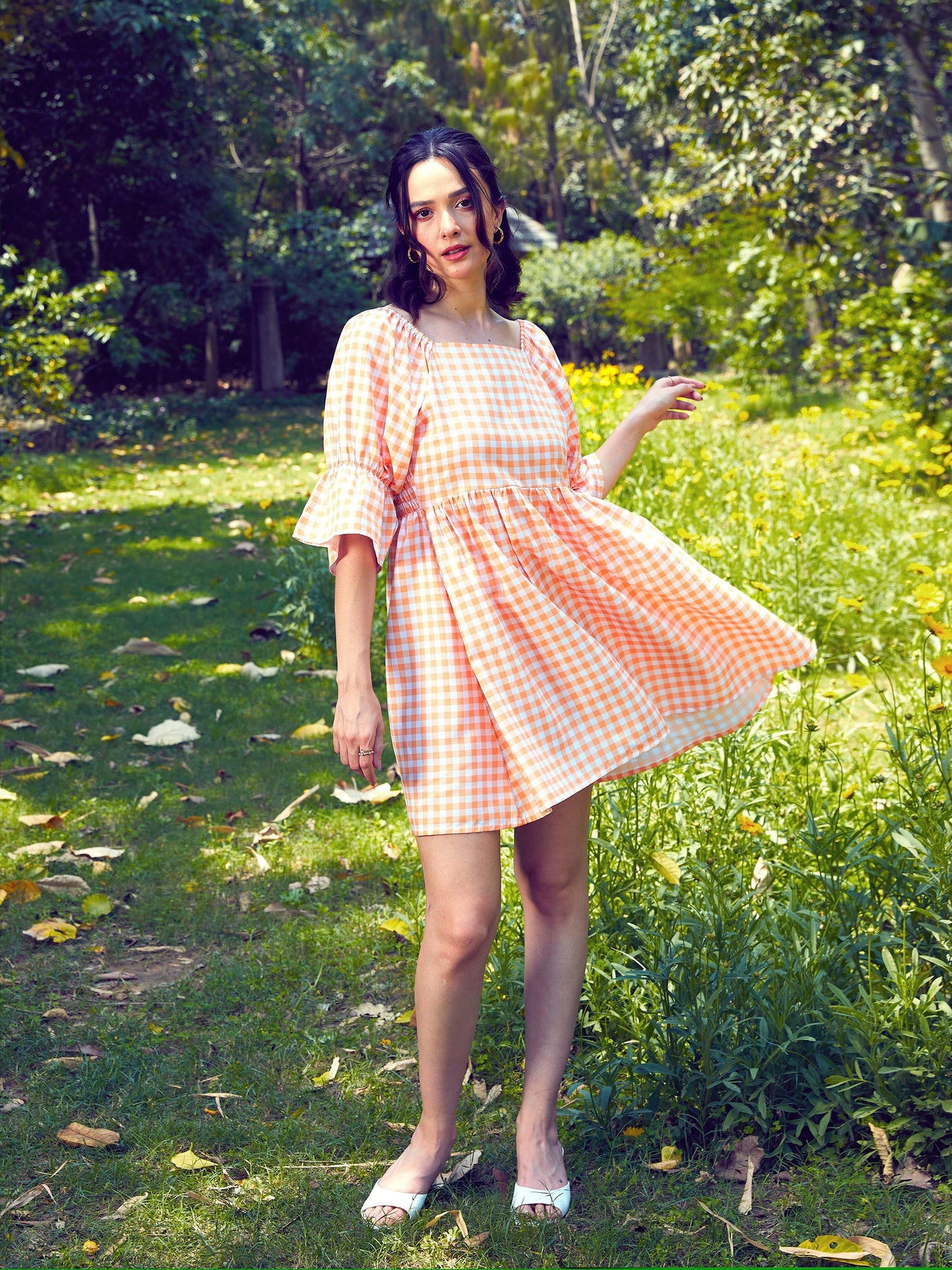 Women's Peach Check Puff Sleeves Mini Dress