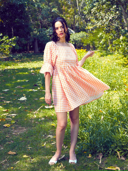 Women's Peach Check Puff Sleeves Mini Dress
