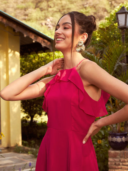 Women's Pink Strappy High Low Midi Dress