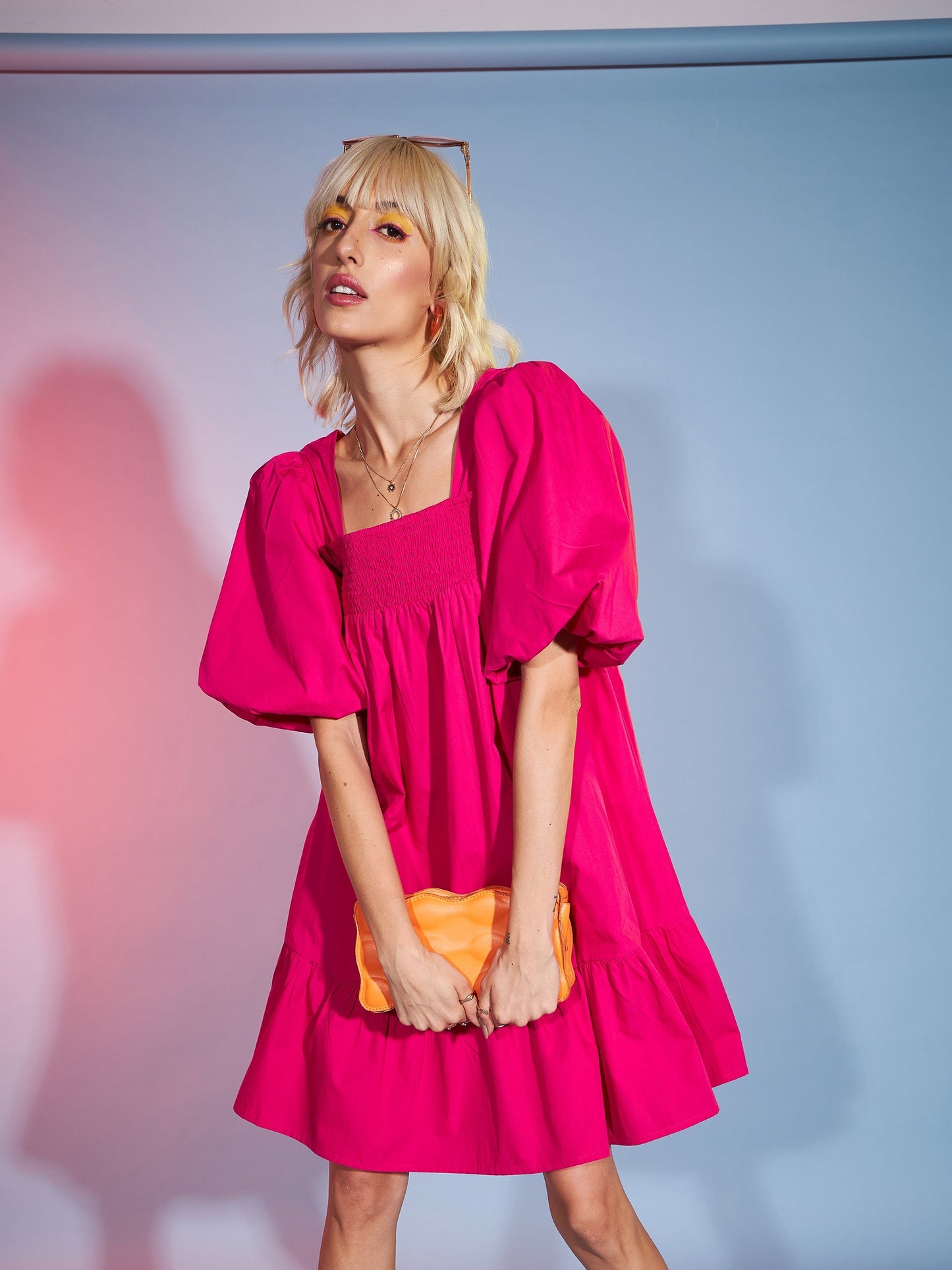 Women's Pink Puff Sleeves Short Tiered Dress