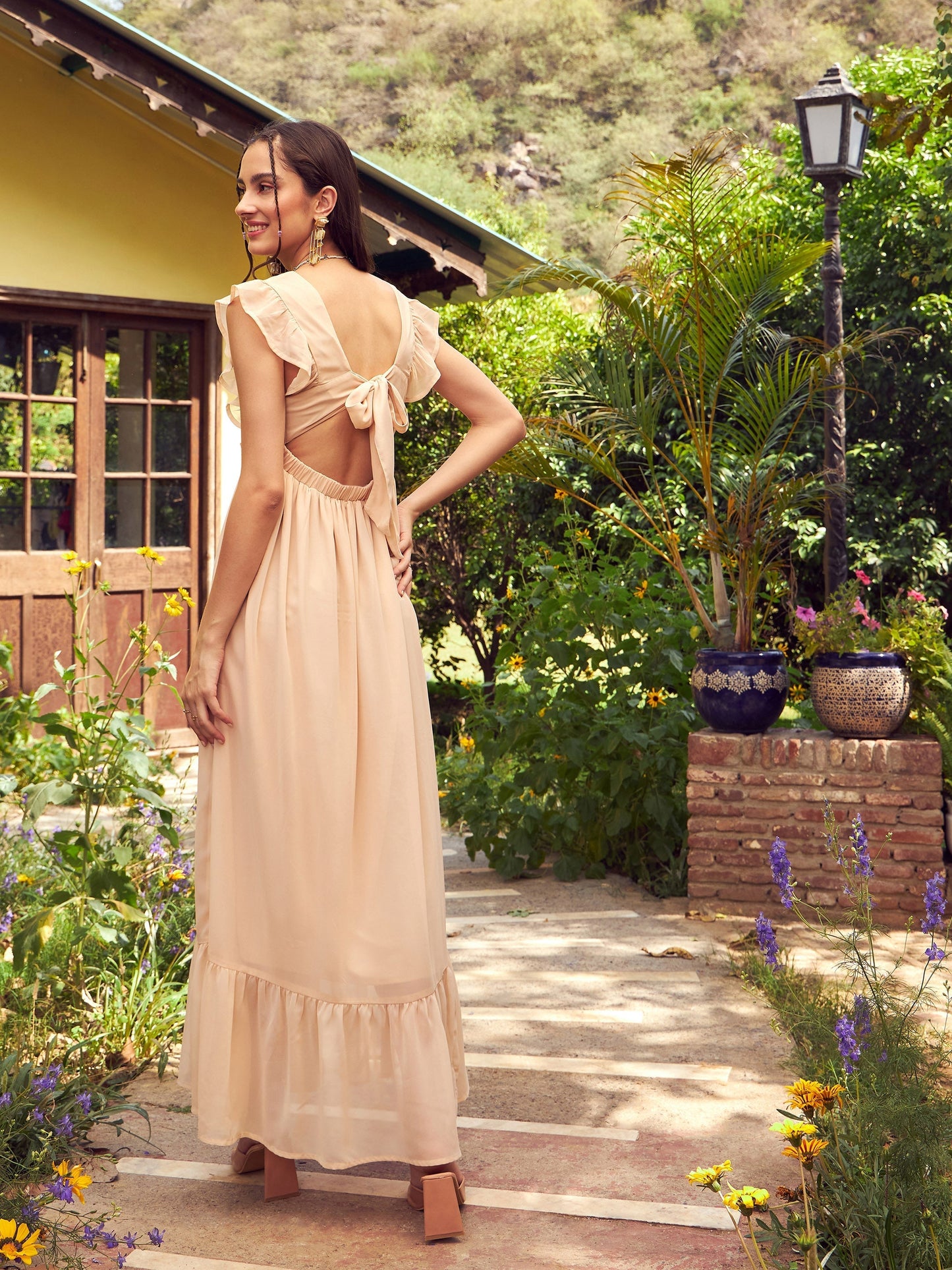 Women's Nude Square Neck Frill Hem Maxi Dress