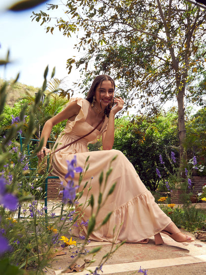 Women's Nude Square Neck Frill Hem Maxi Dress