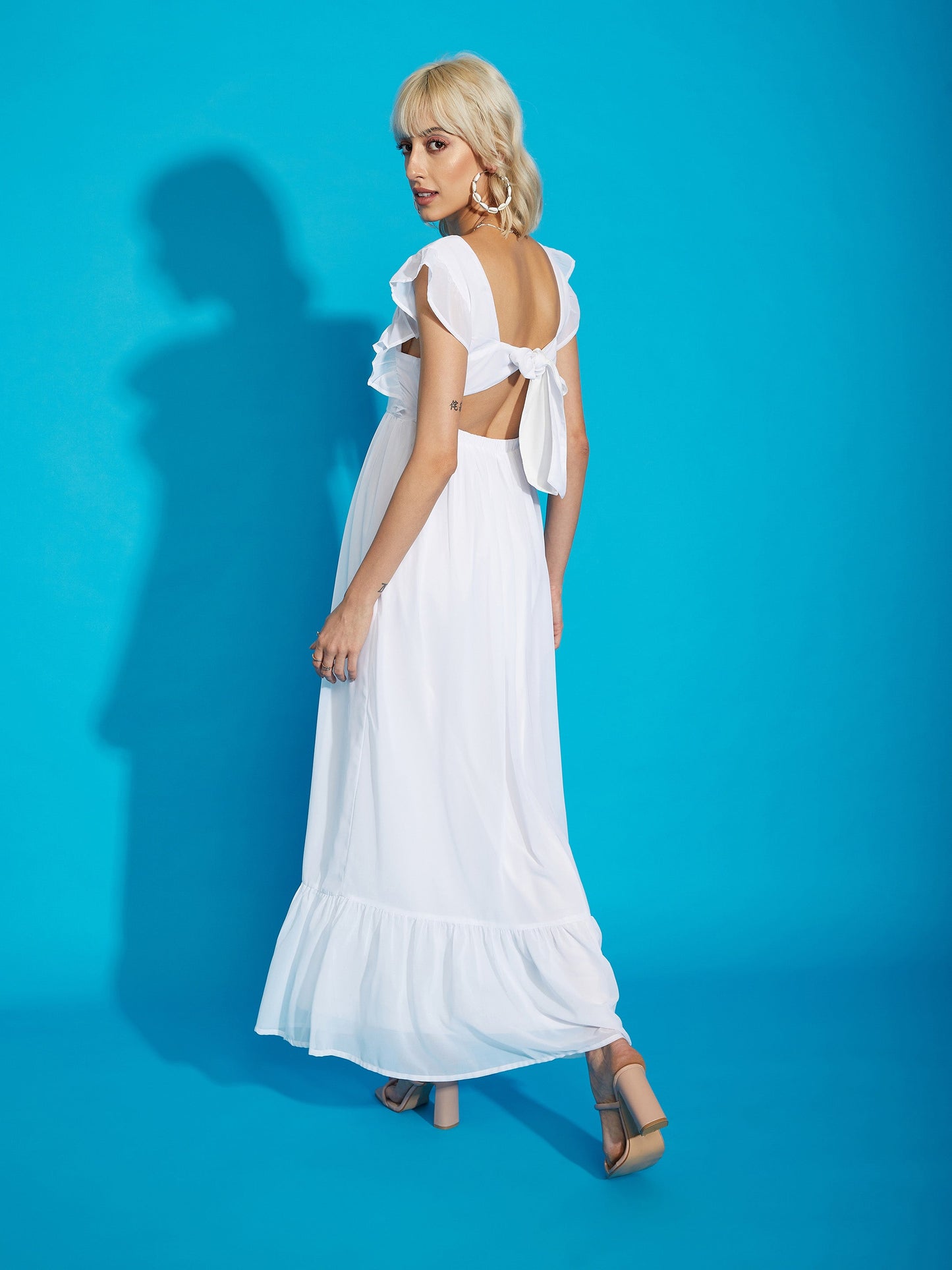 Women's White Square Neck Frill Hem Maxi Dress