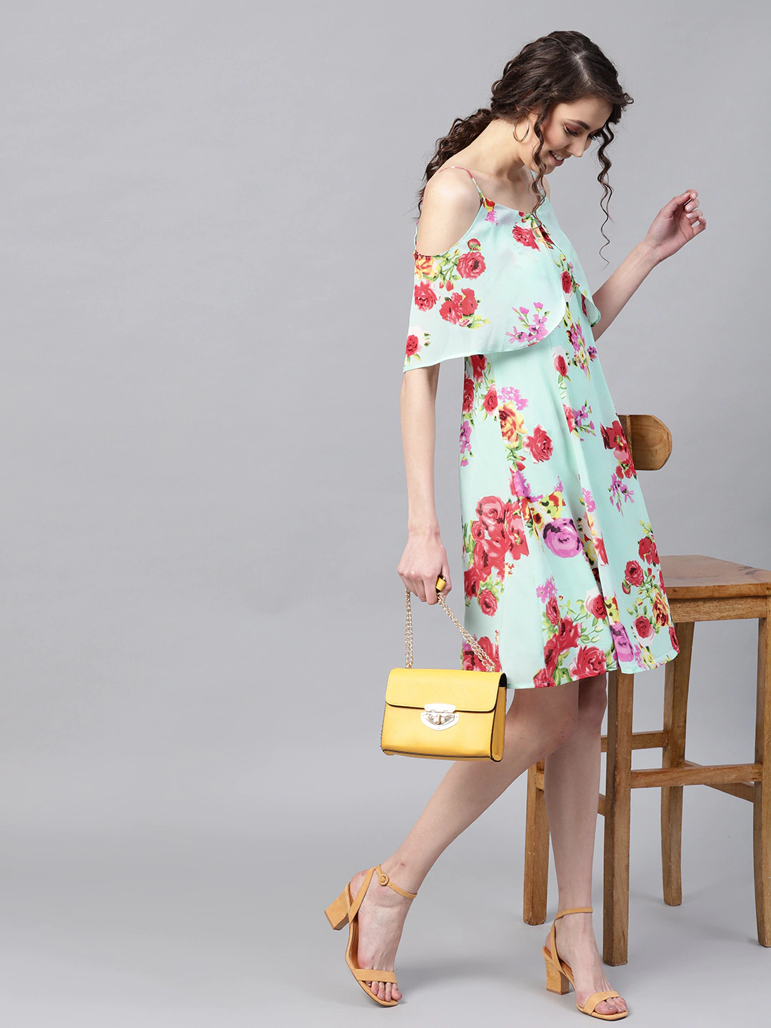 Women's Aqua Floral Layered Fit & Flare Strap Dress