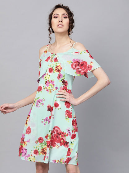 Women's Aqua Floral Layered Fit & Flare Strap Dress