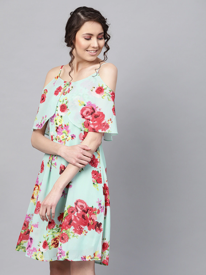 Women's Aqua Floral Layered Fit & Flare Strap Dress