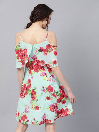 Women's Aqua Floral Layered Fit & Flare Strap Dress