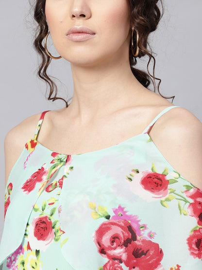 Women's Aqua Floral Layered Fit & Flare Strap Dress