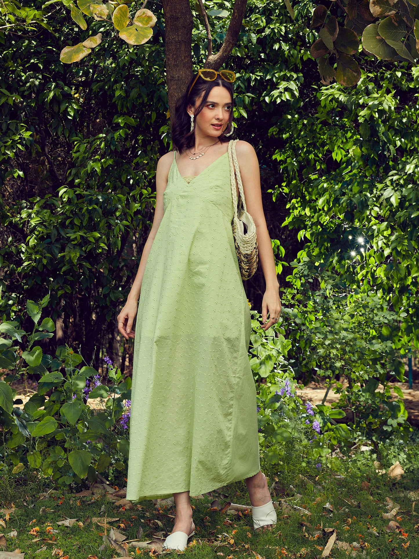 Women's Lime Green Schiffli Strappy Maxi Dress