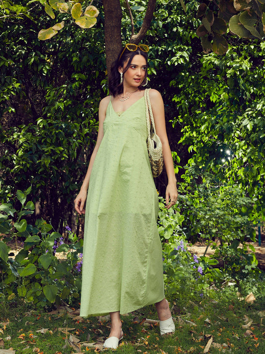 Women's Lime Green Schiffli Strappy Maxi Dress