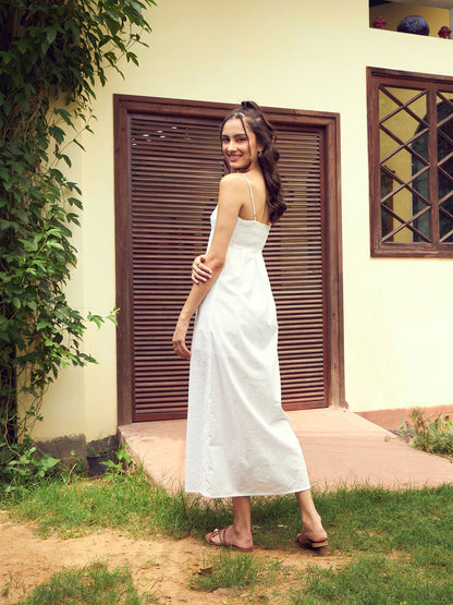 Women's White Schiffli Strappy Maxi Dress