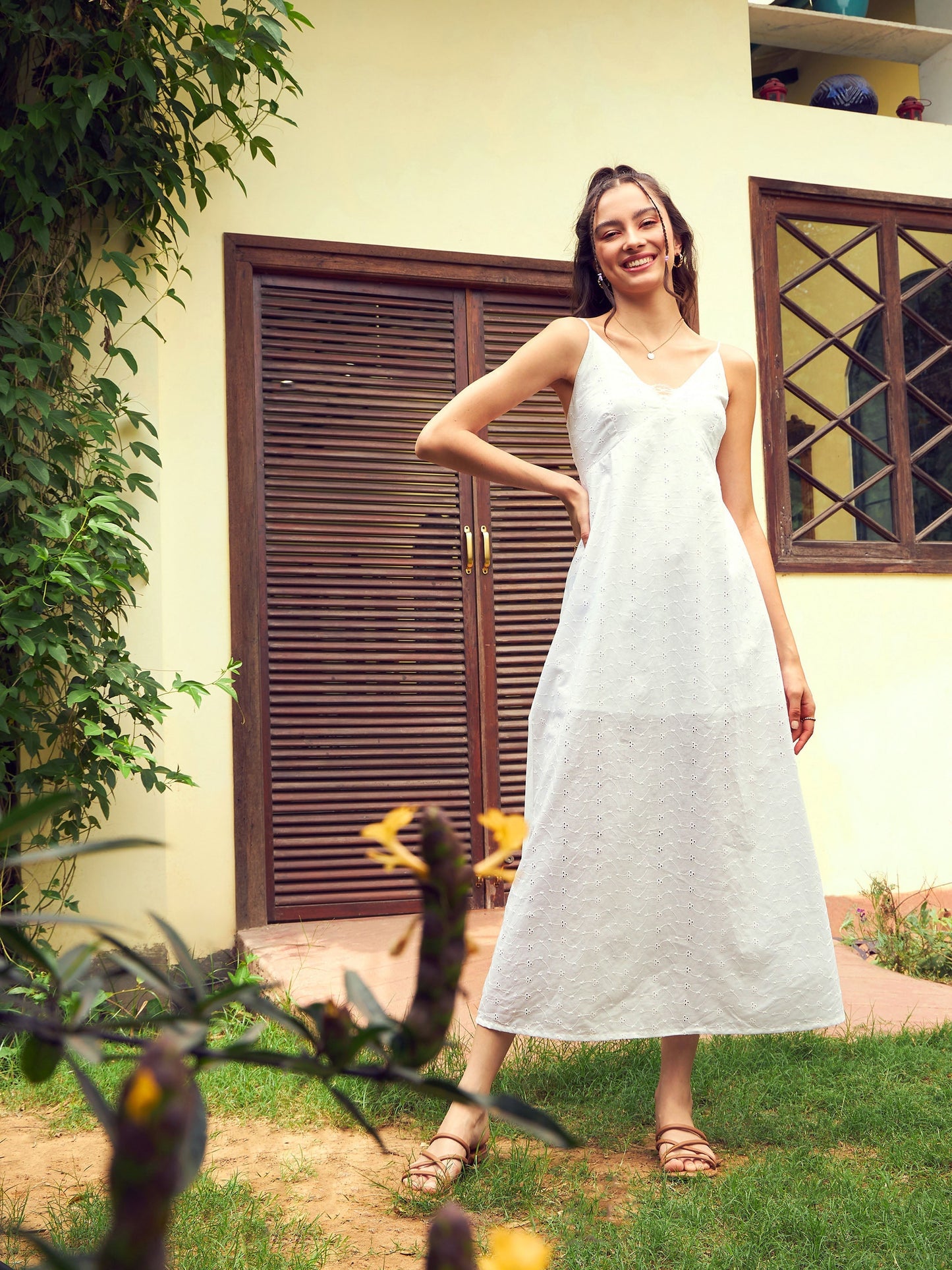 Women's White Schiffli Strappy Maxi Dress