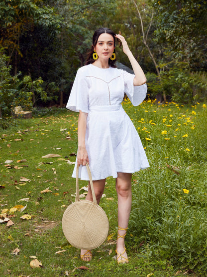 Women's White Schiffli Flared Sleeves Short Dress