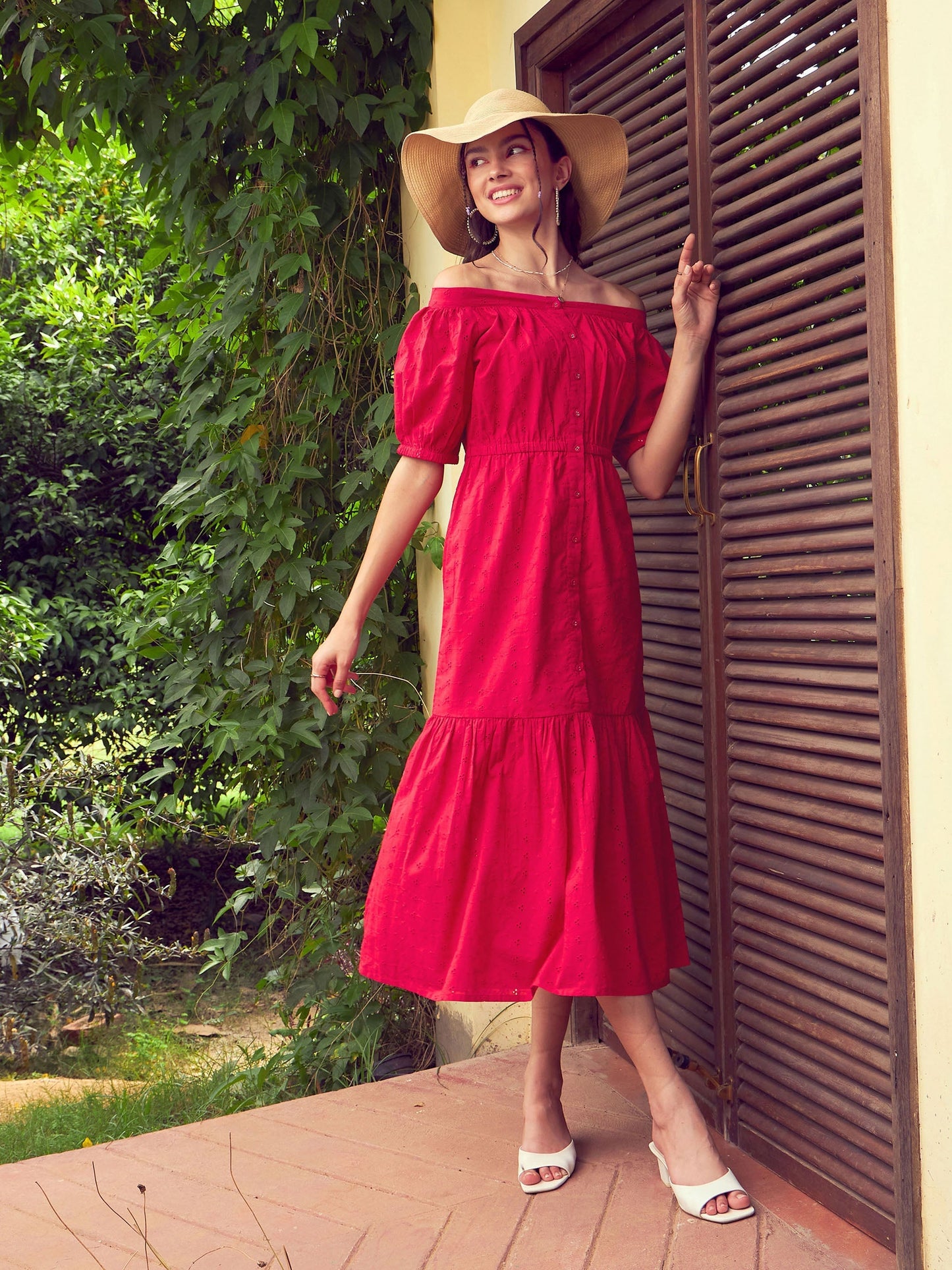 Women's Red Schiffli Off-Shoulder Tiered Midi Dress