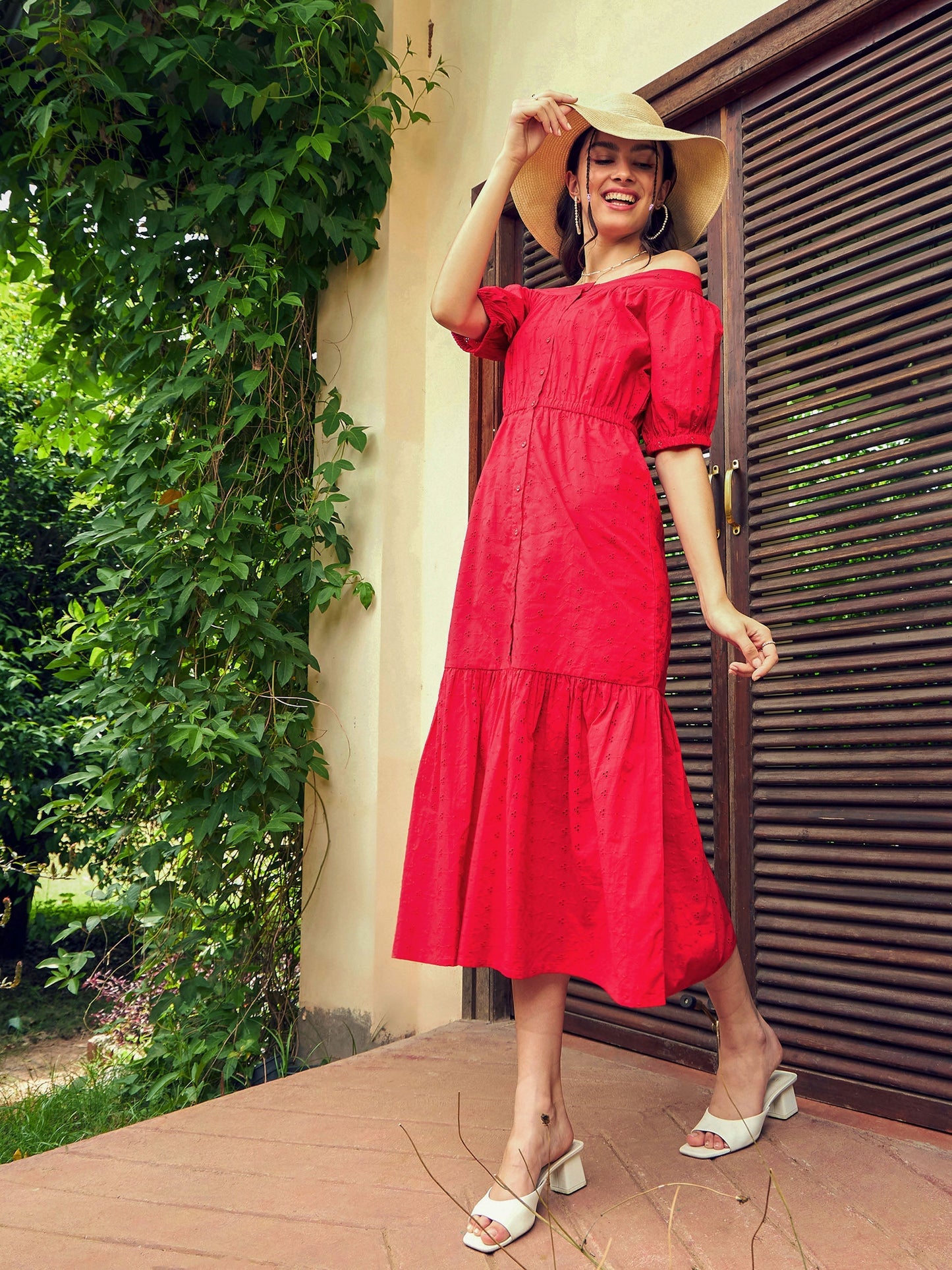 Women's Red Schiffli Off-Shoulder Tiered Midi Dress