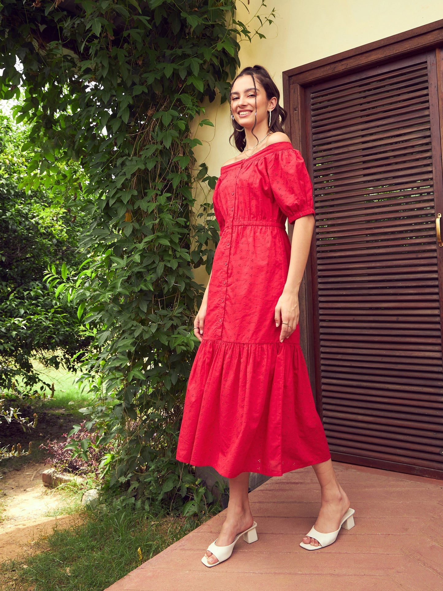 Women's Red Schiffli Off-Shoulder Tiered Midi Dress