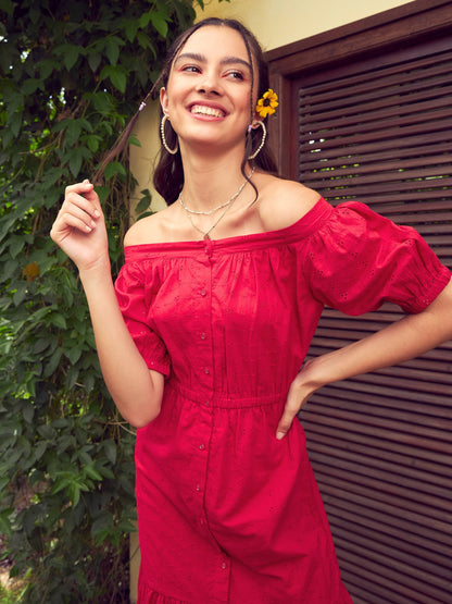 Women's Red Schiffli Off-Shoulder Tiered Midi Dress