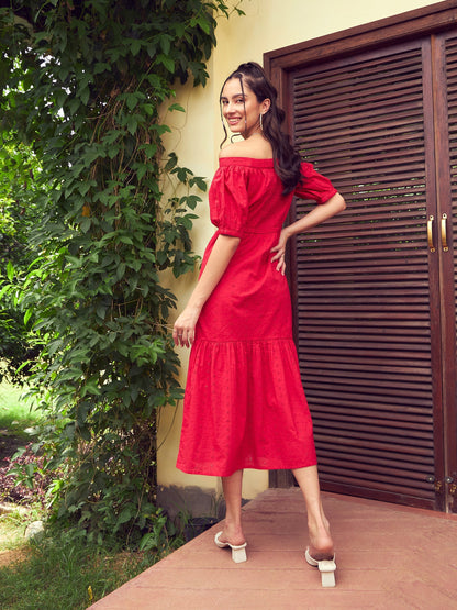 Women's Red Schiffli Off-Shoulder Tiered Midi Dress