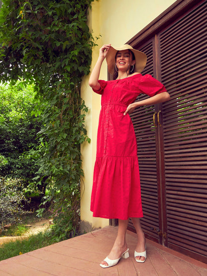 Women's Red Schiffli Off-Shoulder Tiered Midi Dress