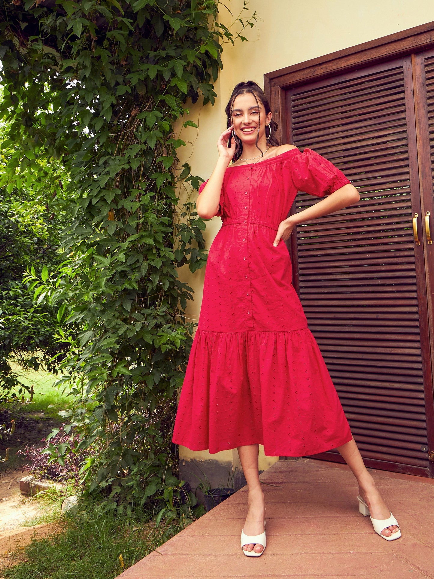 Women's Red Schiffli Off-Shoulder Tiered Midi Dress