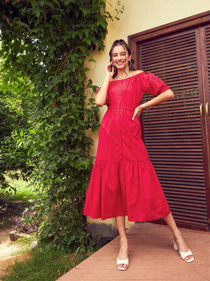 Women's Red Schiffli Off-Shoulder Tiered Midi Dress