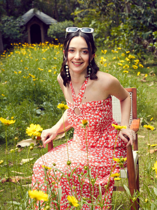 Women's Red Ditsy Floral Halter Neck Maxi Dress