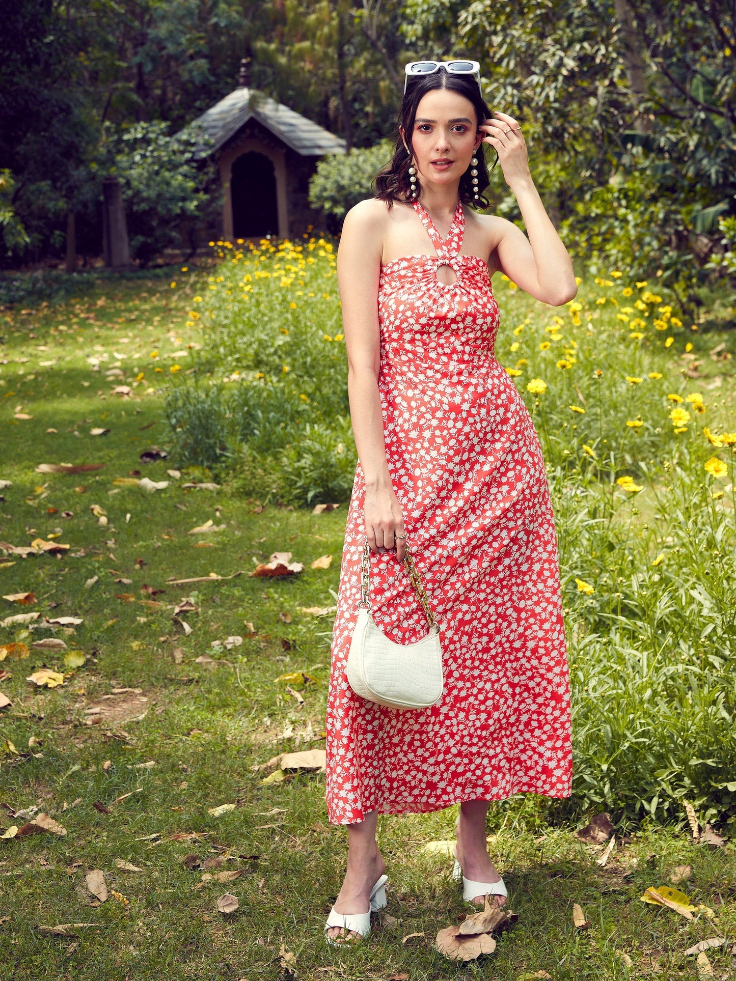 Women's Red Ditsy Floral Halter Neck Maxi Dress
