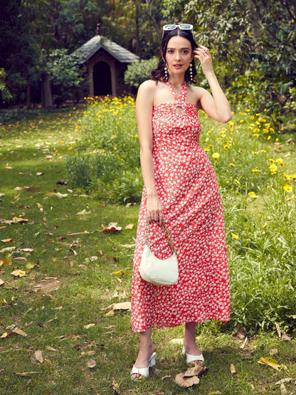 Women's Red Ditsy Floral Halter Neck Maxi Dress