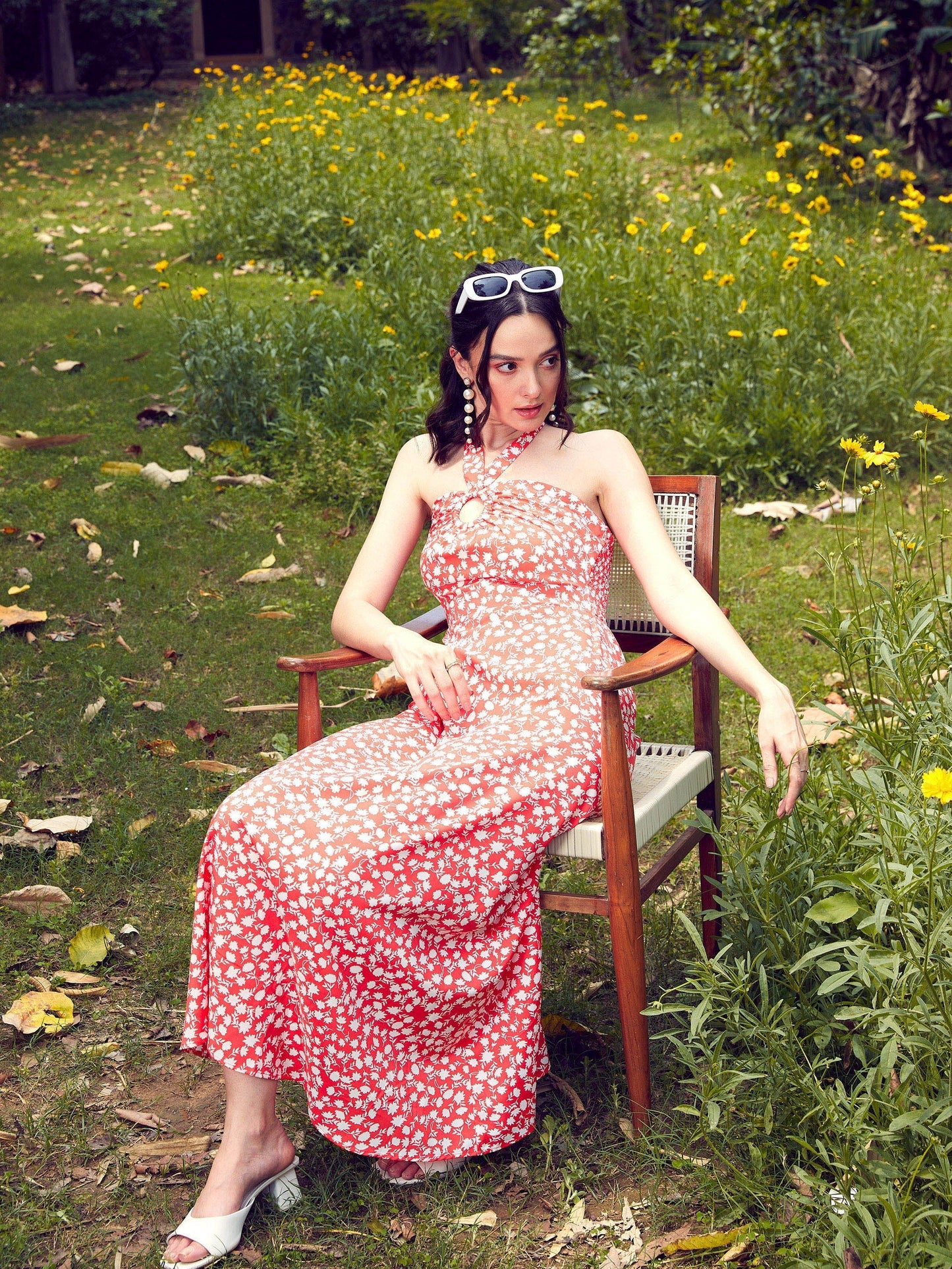 Women's Red Ditsy Floral Halter Neck Maxi Dress