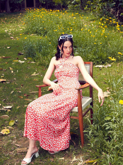 Women's Red Ditsy Floral Halter Neck Maxi Dress