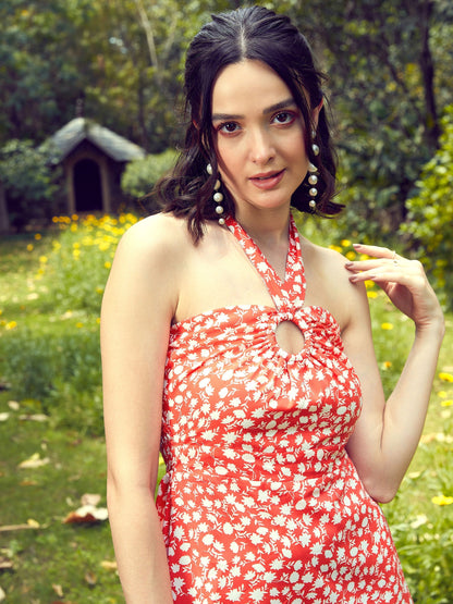 Women's Red Ditsy Floral Halter Neck Maxi Dress