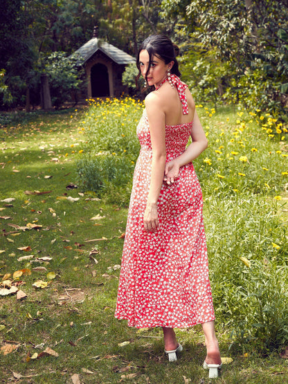 Women's Red Ditsy Floral Halter Neck Maxi Dress