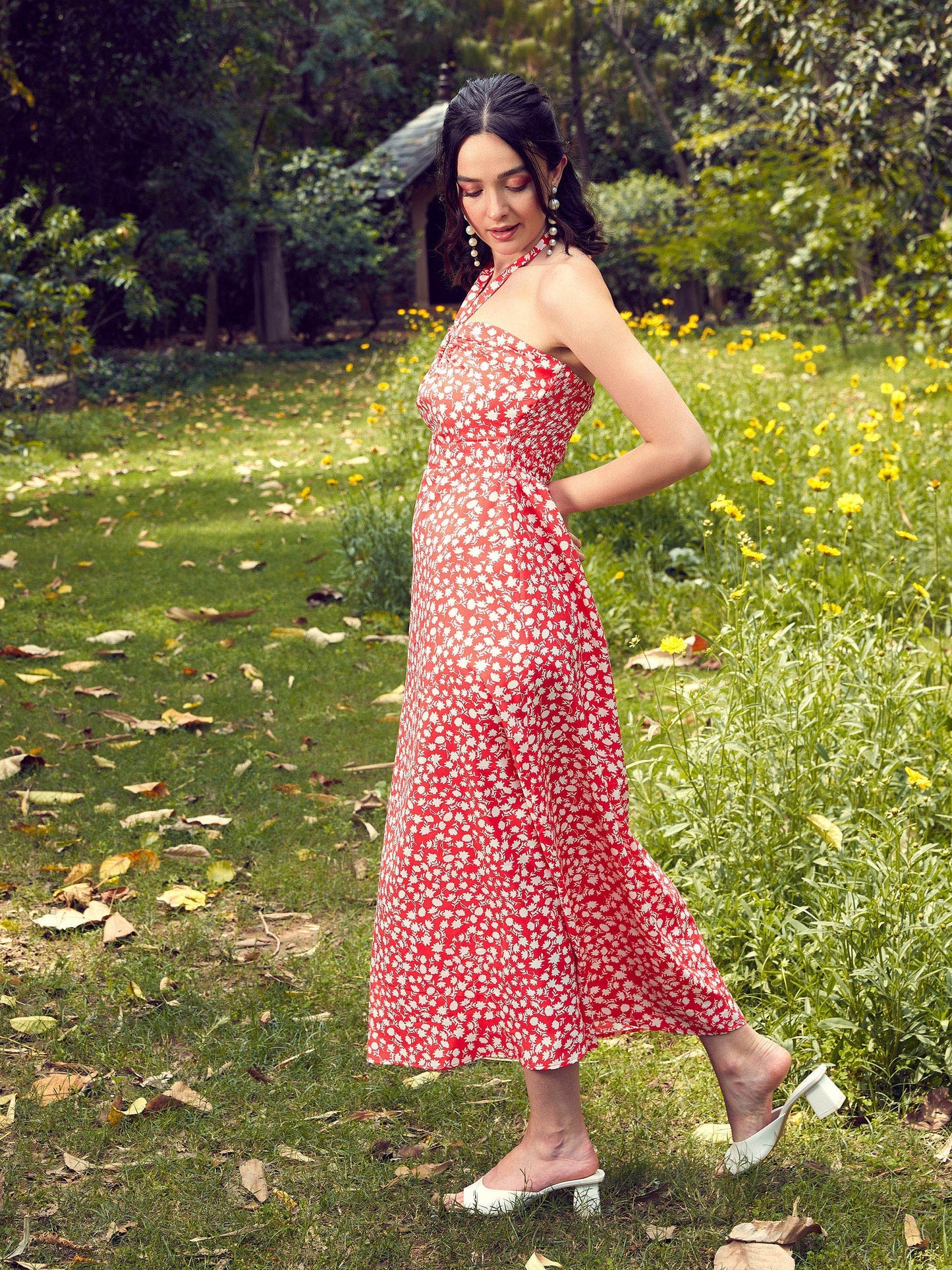 Women's Red Ditsy Floral Halter Neck Maxi Dress