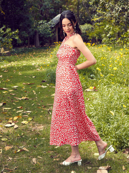 Women's Red Ditsy Floral Halter Neck Maxi Dress